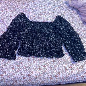 black polka dot blouse with puff long sleeves